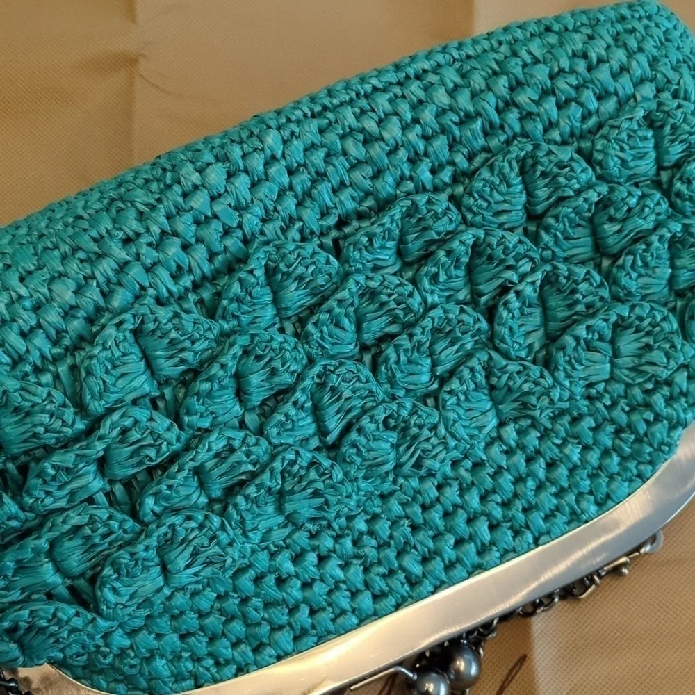 Patricia Nash Gisele Scalloped Raffia chain strap turquoise bag - Picture 6 of 7